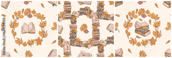 Fototapeta Romantic literary autumn strip pattern set in folk style. Yellow leaves and open book. Bookstore print wallpaper.
