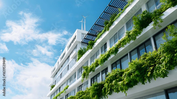Fototapeta Modern Architectural Building with Greenery and Solar Panels Under Blue Sky