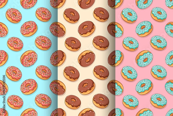 Fototapeta Cartoon donuts with blue, pink and chocolate glaze and colorful sprinkles. Vector seamless patterns collection.