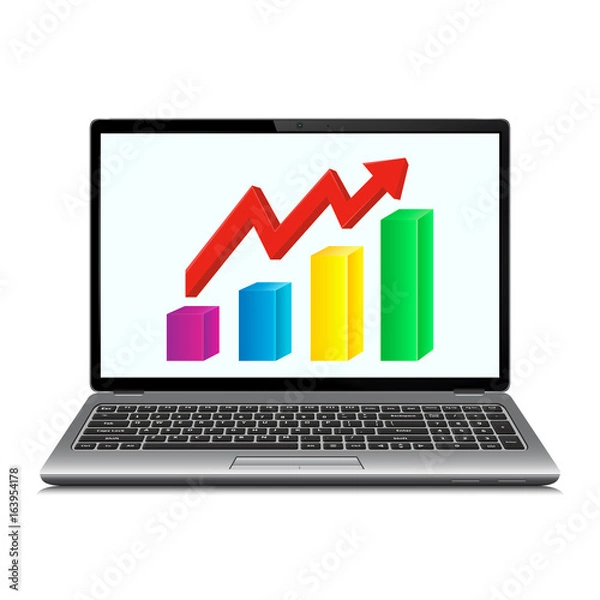 Fototapeta Profit concept, red arrow shows business growth chart on laptop screen
