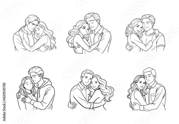 Fototapeta Six different couples embracing each other rendered as line art drawings