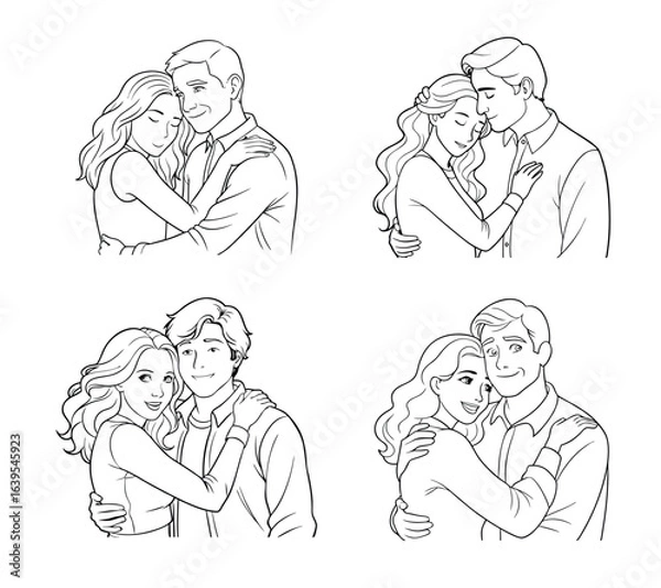 Fototapeta Four illustrations showing affectionate couples embracing with care and tenderness in black lines