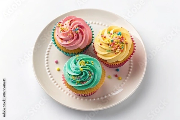 Fototapeta Top-Down View of Three Cupcakes with Colorful Frosting and Sprinkles on White Ceramic Plate, Solid White Background