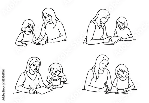 Fototapeta Four Illustrations of a Mother Assisting Her Daughter with Homework and Studies