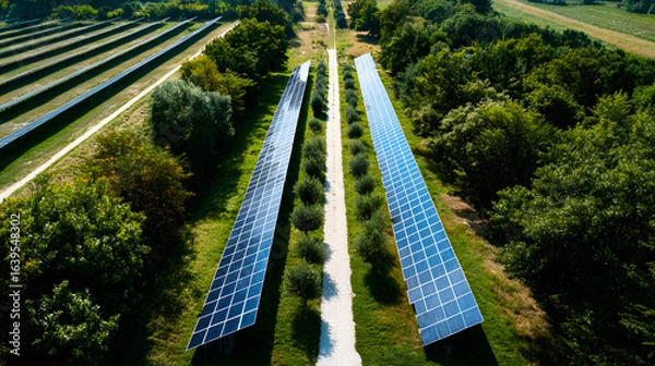Fototapeta Aerial View of Solar Panels Surrounded by Lush Greenery in a Sustainable Landscape