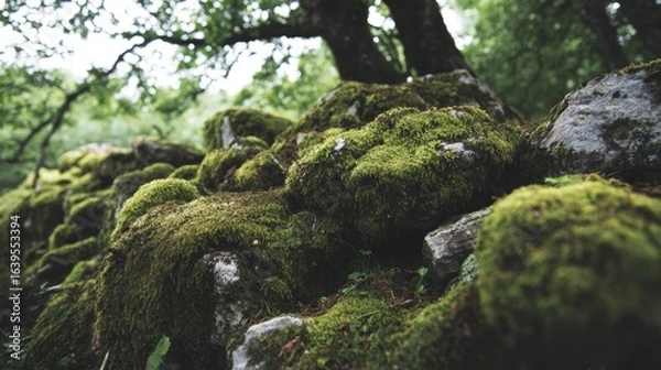Fototapeta Beautiful bright green moss covering rough stones and forest floor, captured in macro view, showing rich texture and natural details, perfect for nature backgrounds, wallpapers, eco design projects
