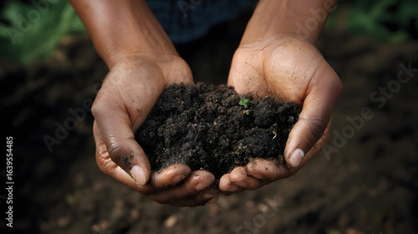 Fototapeta Hands with fertile soil nurturing green sprout, representing growth, ecology, and sustainability.
