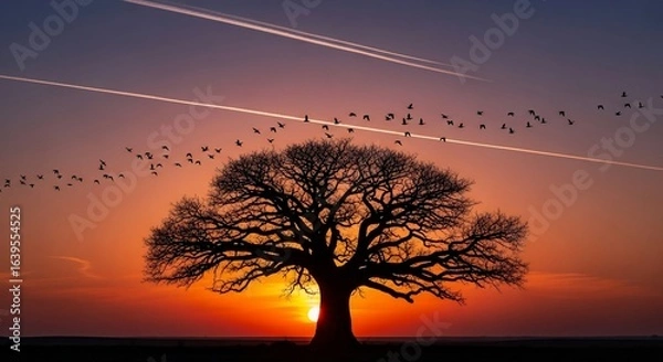 Obraz Silhouette of a Tree at Sunset with Birds and Contrails in the Sky