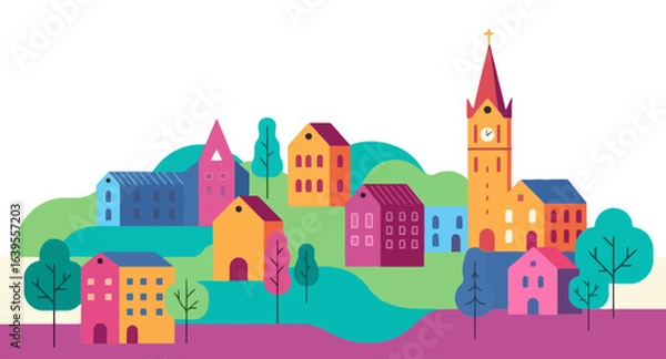 Fototapeta Charming colorful village scene with a prominent clock tower, nestled amongst rolling hills and vibrant trees, evoking a sense of community and picturesque living.
