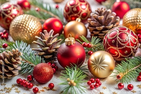 Obraz Festive christmas arrangement with red and golden ornaments, pine cones and fir branches creating a bright and elegant holiday season decoration