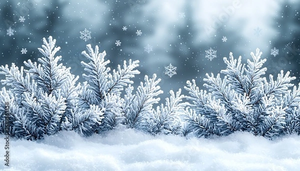 Fototapeta Frosty winter scene with snow-covered pine branches.