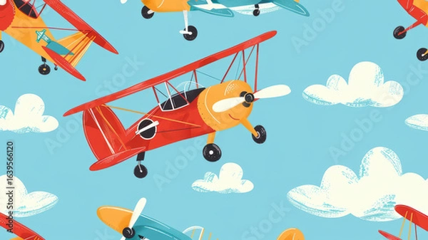 Fototapeta Cute cartoon propeller airplanes with colorful sky backgrounds