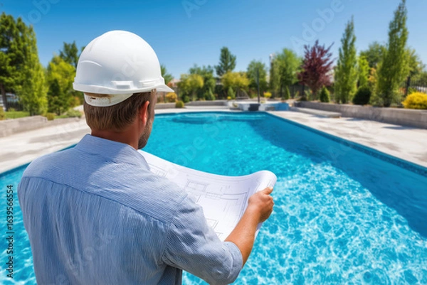 Fototapeta Construction engineer holding blueprint and inspecting new swimming pool in a garden