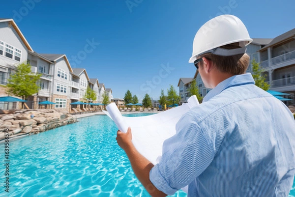 Fototapeta Architect examining blueprints at luxury apartment building with swimming pool