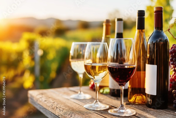 Fototapeta Wine tasting in vineyard at sunset with red, white and rosé wine bottles and glasses