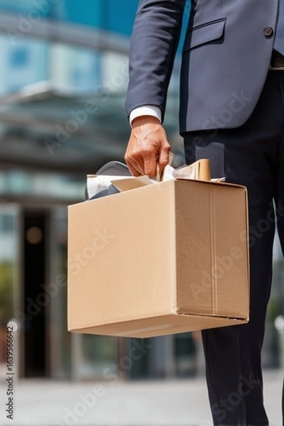 Fototapeta Dismissed businessman in suit carrying cardboard box with personal belongings, walking out of modern office building. Concept of job loss, layoff, unemployment, corporate downsizing.