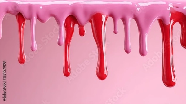 Fototapeta Pink and red paint drips down a wall. The colors are bright and bold, creating a sense of energy and excitement. The image is abstract and artistic, with the paint appearing to flow