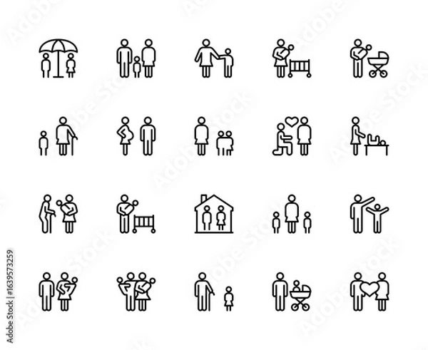 Obraz Family related vector linear icons set. Contains such icons as brother, sister, happy family, love, parenting, care, child and more.