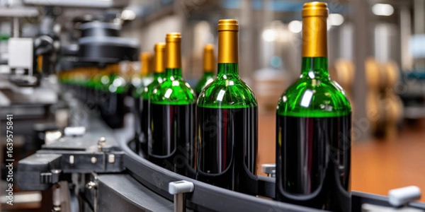 Fototapeta Wine bottles moving on conveyor belt in a winery factory