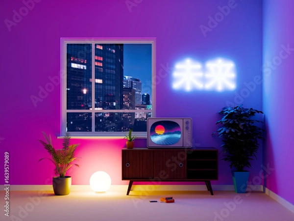 Fototapeta vaporwave neon tv interior