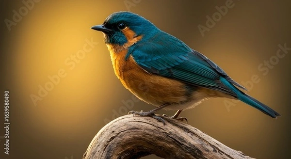 Obraz close shot of blue robin with yellow chest perched on a textured branch against golden background