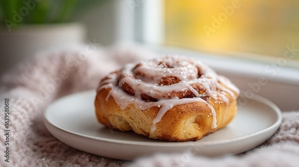 Fototapeta Cinnamon Roll with Lavender Glaze and Apple Slices in Autumn Light