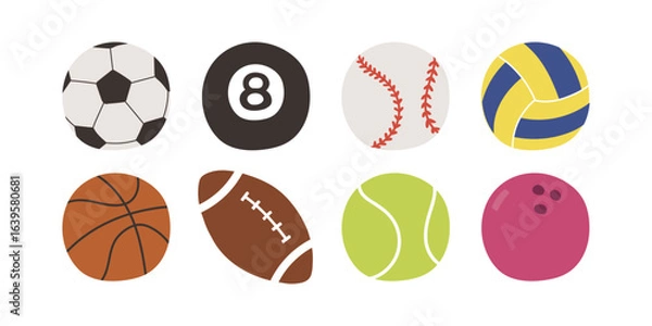 Obraz 8種類の球技ボールが揃ったかわいいスポーツイラストセット