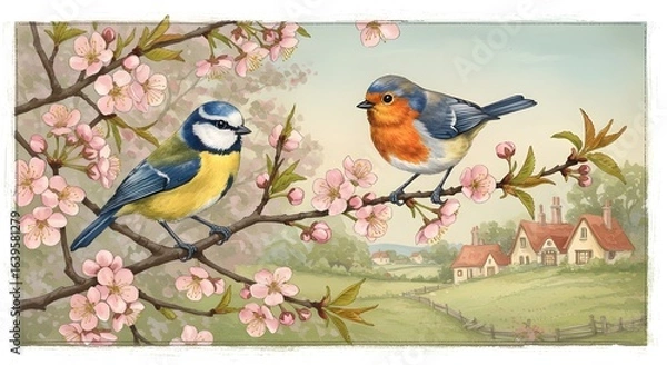 Obraz bird on a blossom branch watercolor illustration of nature