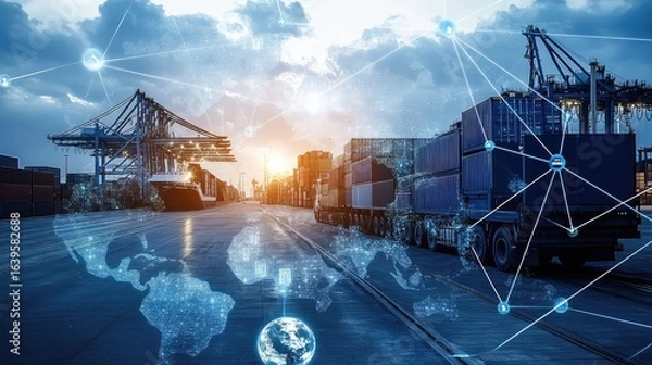 Fototapeta A global logistics network with a world map overlay on a busy port terminal with a truck and cranes. A concept for a smart supply chain, IoT, and the digitalization of international trade.