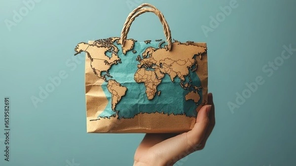 Fototapeta A 3D paper-craft world map with leaves emerges from a shopping bag. A concept for sustainable shopping, green consumerism, ethical sourcing, and environmental consciousness.