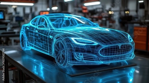 Fototapeta Holographic interface showing a 3D wireframe model of a concept sports car on a workbench. Concept for augmented reality in automotive engineering, EV battery development, and innovative R&D.