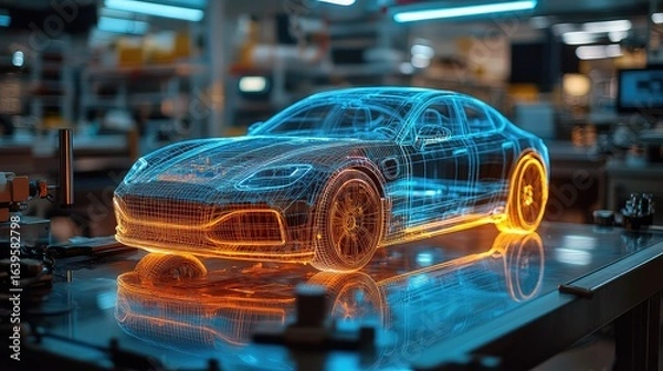 Fototapeta Holographic interface showing a 3D wireframe model of a concept sports car on a workbench. Concept for augmented reality in automotive engineering, EV battery development, and innovative R&D.