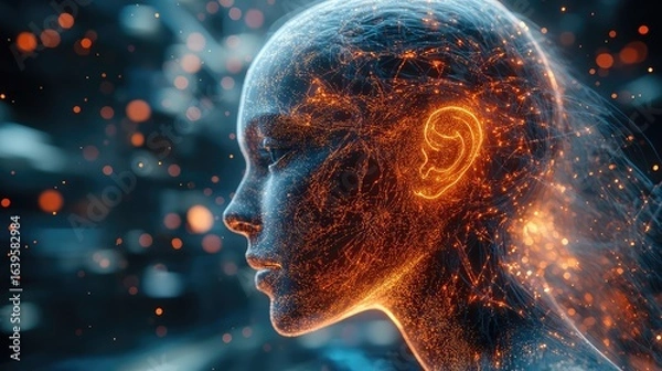 Fototapeta The profile of a woman's face covered with a glowing pink neural network. A futuristic concept for artificial intelligence (AI), digital identity, biotechnology, and neuroscience.