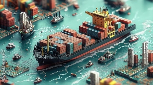 Fototapeta Isometric 3D rendering of a miniature container ship in a stylized port. A diorama concept for global trade, supply chain logistics, maritime transport, and strategy simulation games.