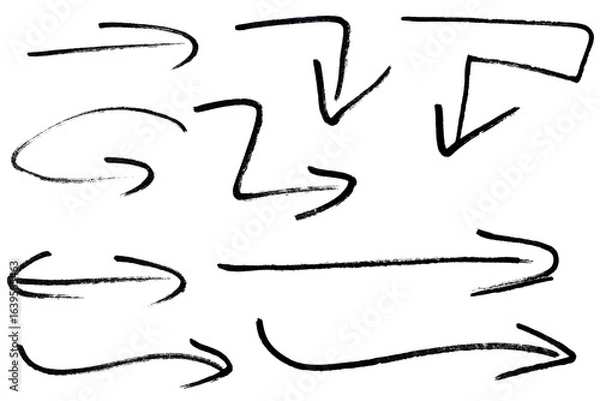 Fototapeta Set of arrow sign drawn with black marker on transparent background