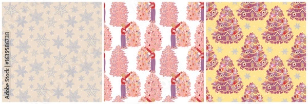 Fototapeta Christmas winter boho pattern. Decorated trees, children, and snowflakes. Three wallpaper sets for a seasonal holiday print in pastel colors.