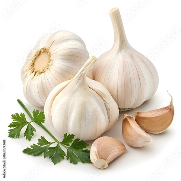 Fototapeta Duganski Garlic Bold Hardneck Garlic Bulb with Deep Purple Streaks and Rich Rustic Texture on Bright White Background – Premium Heirloom Allium for Robust Flavor and Wholesome Cuisine