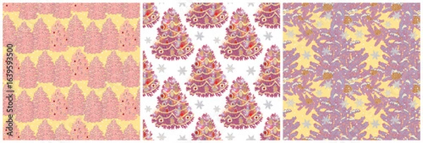 Fototapeta Christmas winter boho pattern. Decorated fir trees and snow-covered branches. Three wallpaper sets for a seasonal holiday print in pastel colors.