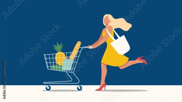 Fototapeta Woman Running with Shopping Cart Filled with Pineapple and Baguette Illustration