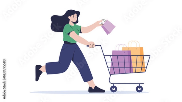 Fototapeta Running Woman Adding Shopping Bag to Cart with Purple and Yellow Bags Inside