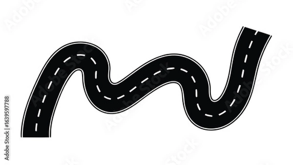 Fototapeta Winding Black Road Illustration with Dashed White Center Line on a White Background