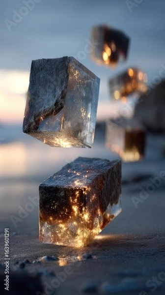 Fototapeta Floating Frosted Glass Cubes at Sunset Beach