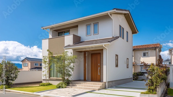 Obraz 温もりのあるデザインの新築住宅の外観