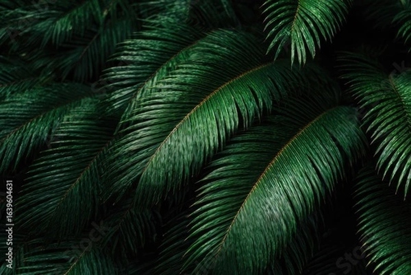 Fototapeta Close-up view of lush, dark green palm fronds