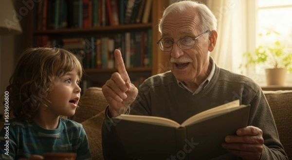 Obraz Elderly man storytelling to young girl while sitting on sofa indoors  