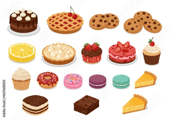 Fototapeta Variety of desserts cake pie cookies cupcakes donuts macarons lemon slice brownie  pie slice