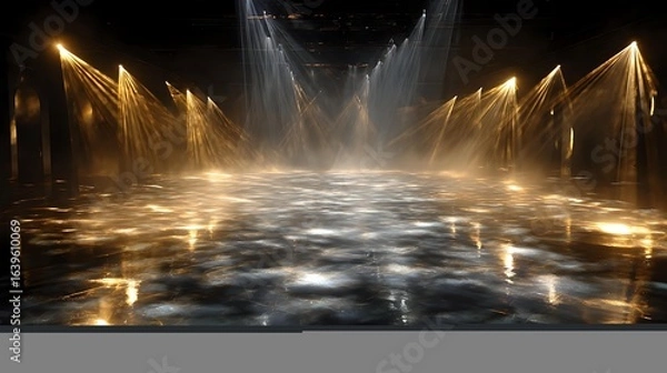 Fototapeta Mystical mist swirling across a glossy black floor, illuminated by golden and silver beams, creating an ethereal contrast of light and shadow
