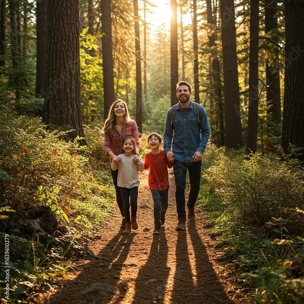 Obraz 
A family of four walks hand-in-hand down a sunlit path in a forest