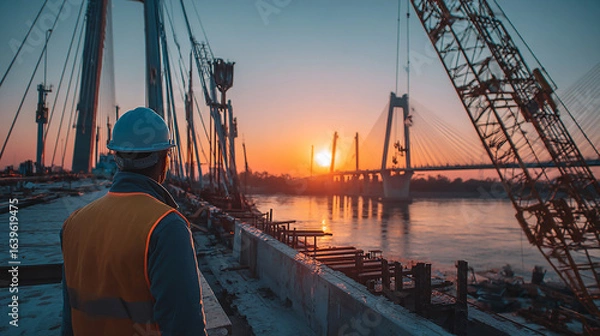 Fototapeta Civil engineer inspecting bridge construction at sunset