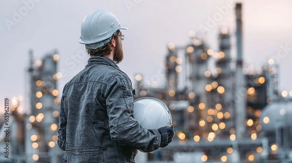 Fototapeta Engineer holding safety helmet and looking at oil refinery in the background